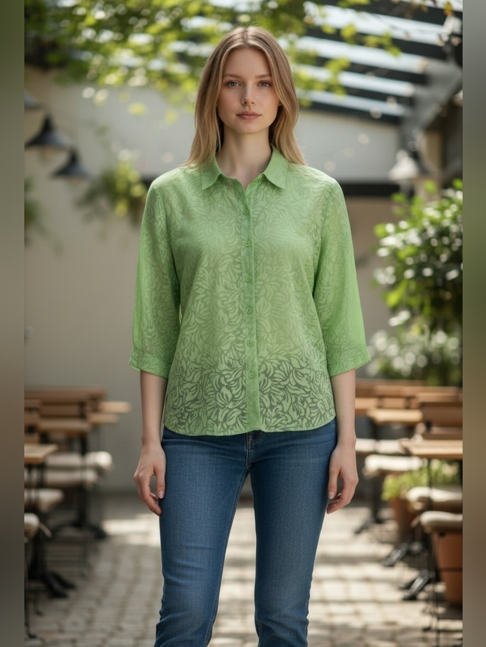 Studio Works Women's Size Petite 3/4 Sleeves Sheer Light Green Blouse See Though
